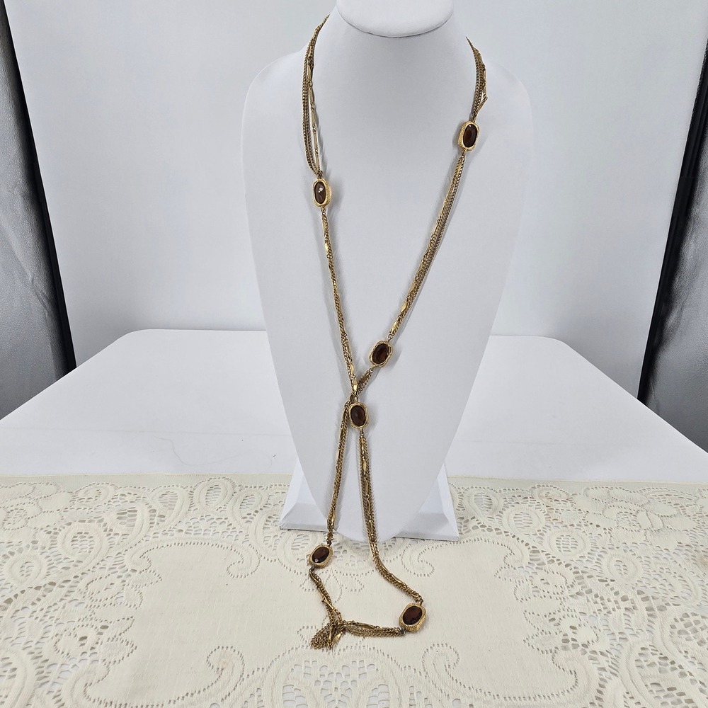 Sarah Coventry Vintage Necklace Gold Tone Multi Strand Amber Glass Stone - Picture 5 of 10